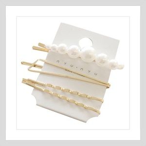 Pearl 4 pc hair pin barrettes white gold